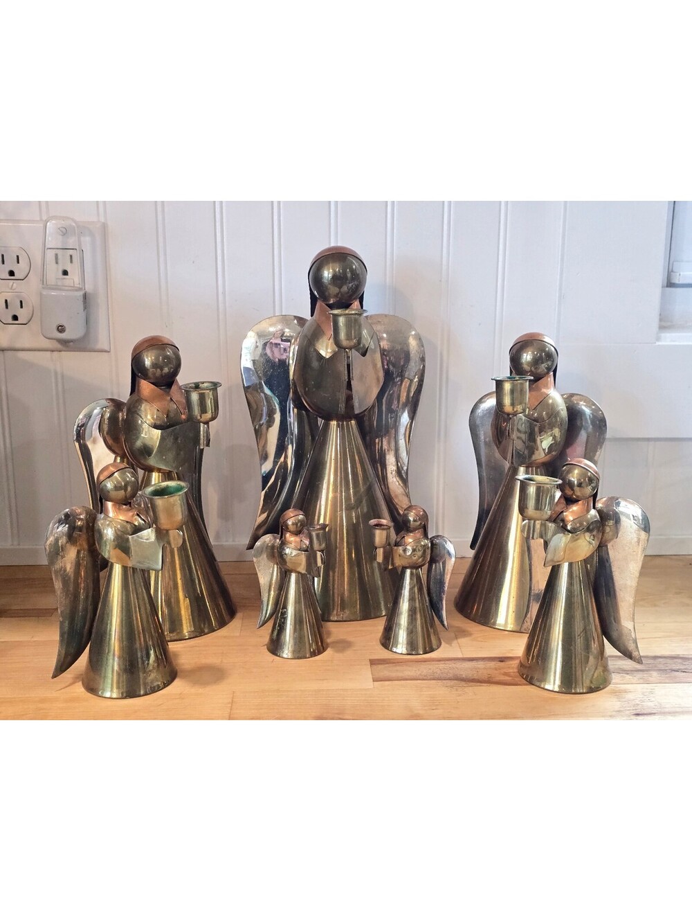 Vtg Mid-Century Tri-Metal Angel Candle Holders Massive Graduated Family Set of 7